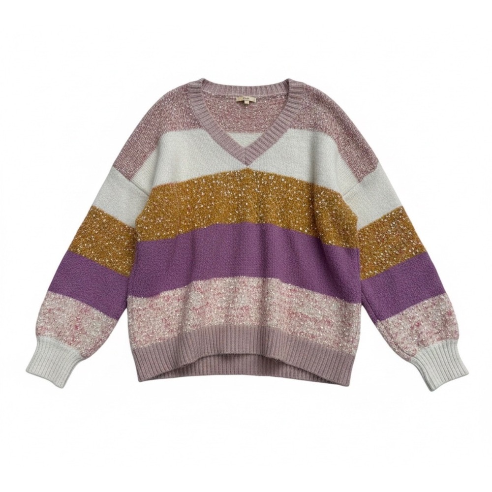 Entro Womens Striped V-Neck Sweater Purple Mustard Pink Eyelash Knit Size S